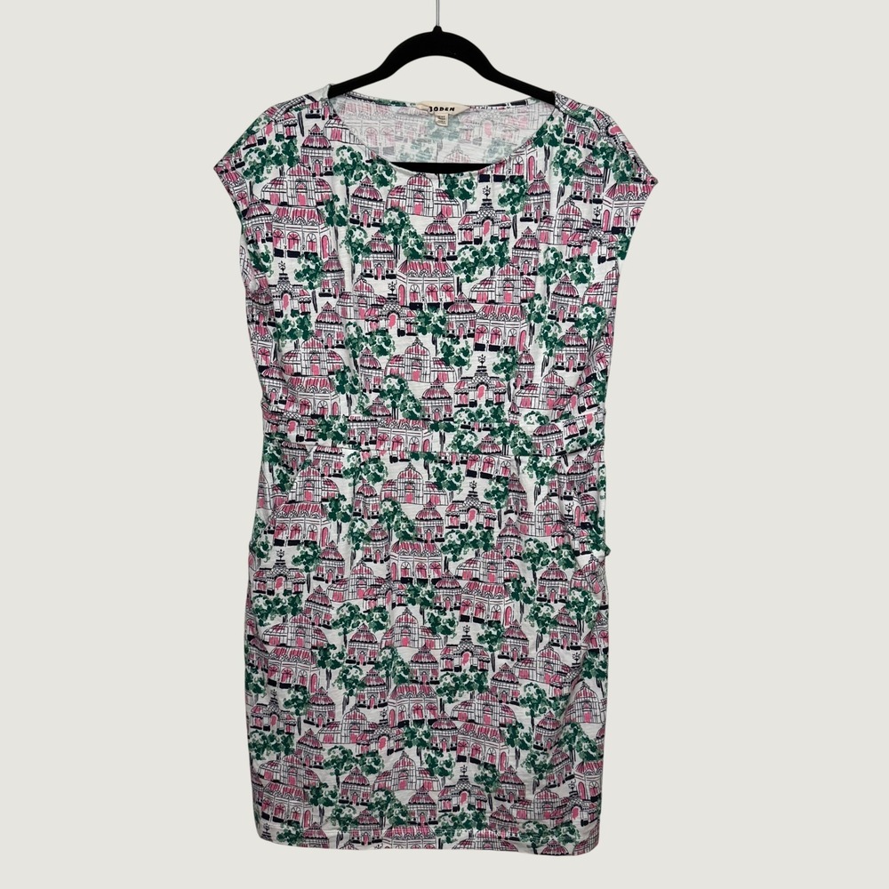 Boden Womens Pink Green Florrie Print Jersey Shift Dress Pockets Size 14R
